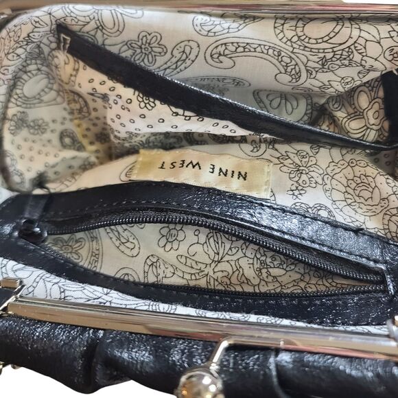 Vintage Nine West Black Leather Faux Diamond Kiss Lock Clutch Bag w/ Strap - Picture 10 of 12